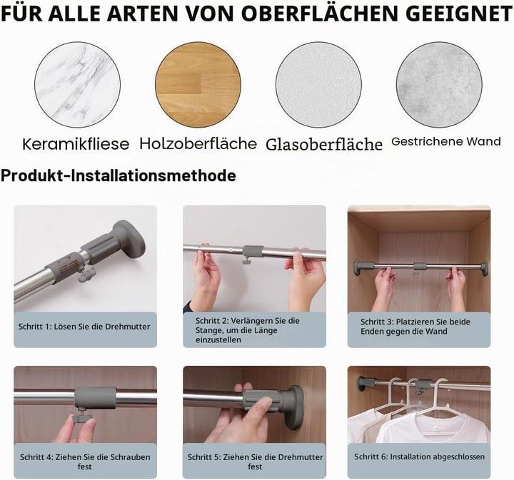 Hershii Kleiderstange für Kleiderschrank Fenster-Duschvorhang-Spannstange ohne Bohren,Rostfreier Sta