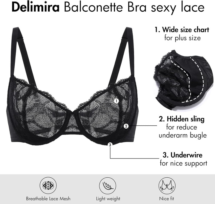 DELIMIRA Damen BH Grosse Grössen Durchschauen Sexy mit Spitze Balkonett Bügel ohne Polster 75B Lippe