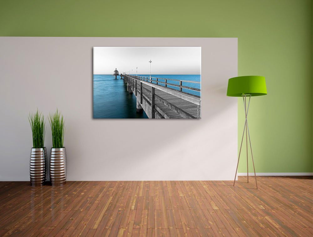 Langer Pier Steg ins Meer schwarz/weiss Format: 100x70 auf Leinwand, XXL riesige Bilder fertig gerah