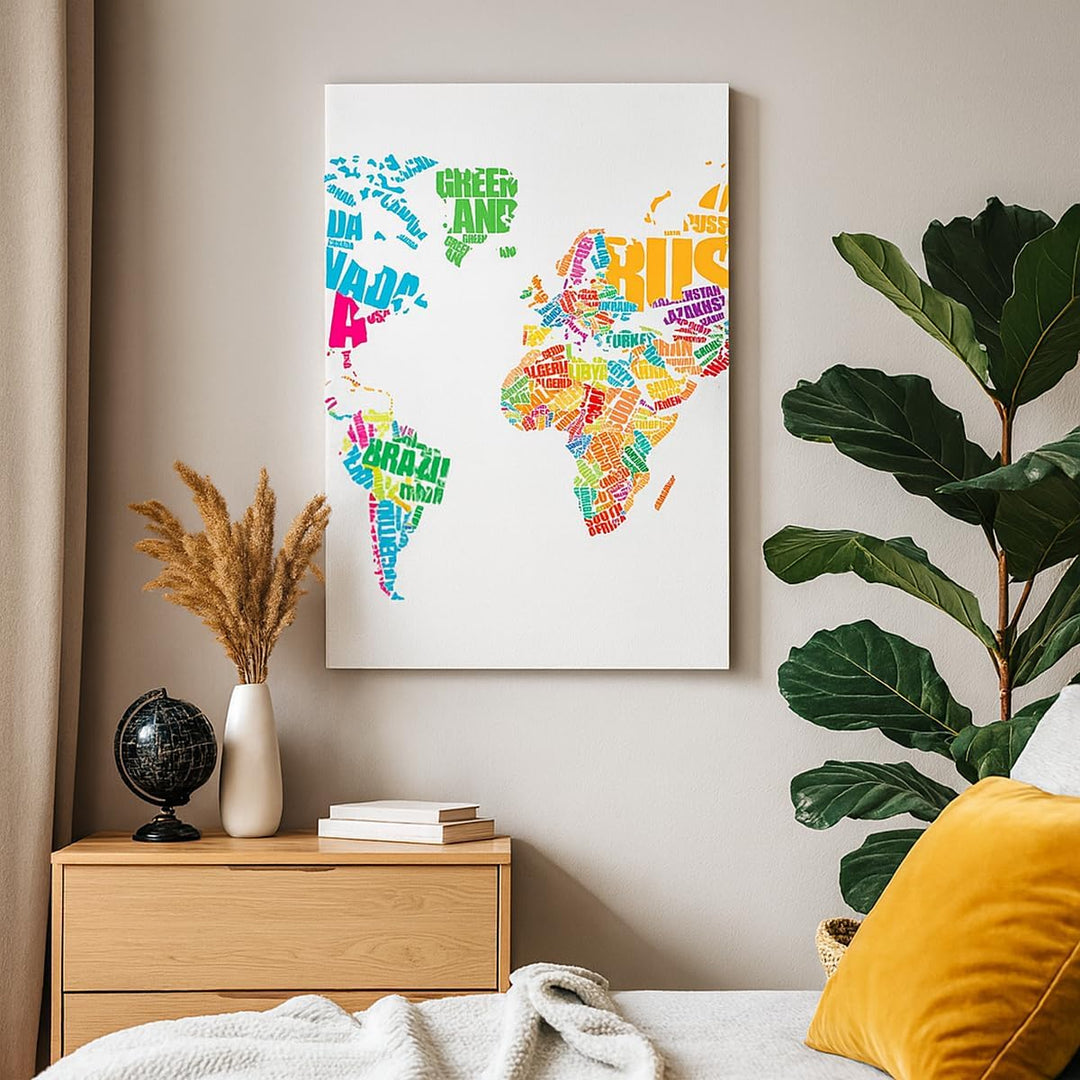 Bilder auf Leinwand Karte Worte Welt Geographie Leinwandbild mit Rahmen 45x80cm Wandbilder Dekoratio