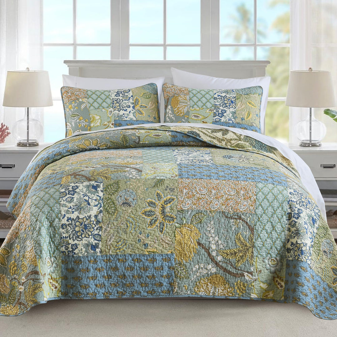 NEWLAKE Tagesdecke-Set mit echter Stickerei, Bohemian-Blumenmuster, King-Size King Böhmisches Blumen