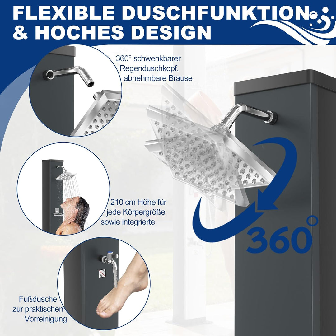 AufuN Solardusche Gartendusche 40L mit Chrom & Edelstahl, Warmwasser bis 60°C ohne Strom, 15cm Dusch
