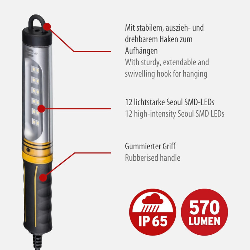 Brennenstuhl LED Arbeitsleuchte WL 550 (570lm, IP65, 6500K, 12x SMD-LEDs, LED Arbeitsleuchte mit 5m