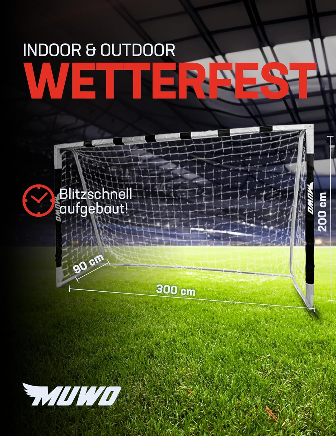 MUWO grosses Fussballtor aus robustem Stahl, mit Textilmantel und Netz. 3 x 2 Meter gross, einfacher