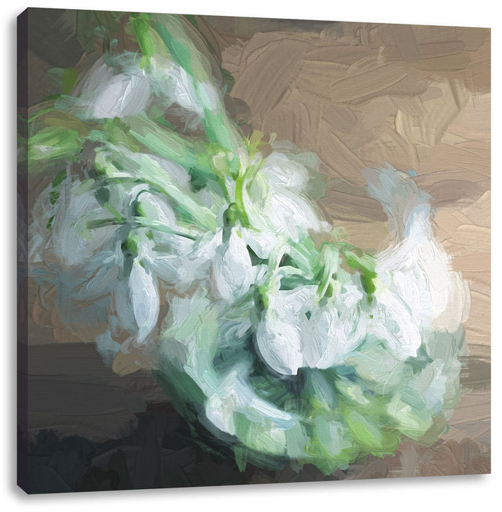Pixxprint Schneeglöckchen in der Vase Pinsel Effekt, Format: 70x70 auf Leinwand, 70x70