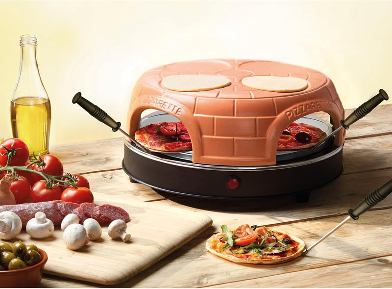 Emerio Pizzaofen, PIZZARETTE das Original, handgemachte Terracotta Tonhaube, neues PRE-BAKE Design,