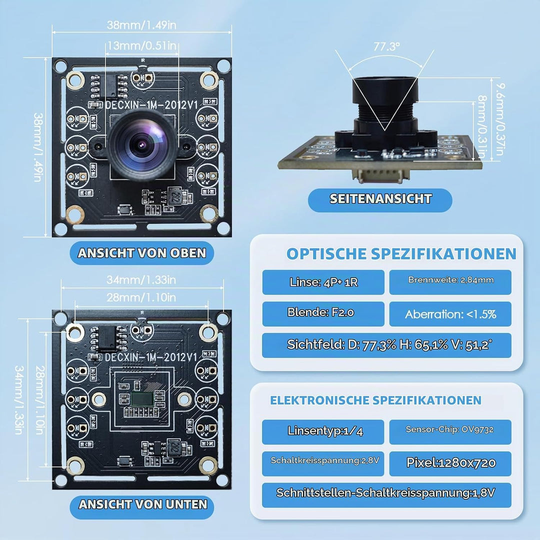 OV9732 Kameramodul mit 100° Weitwinkel, 1280x720p 30fps, USB, 3m Kabel, kompatibel mit Autodarts Kam