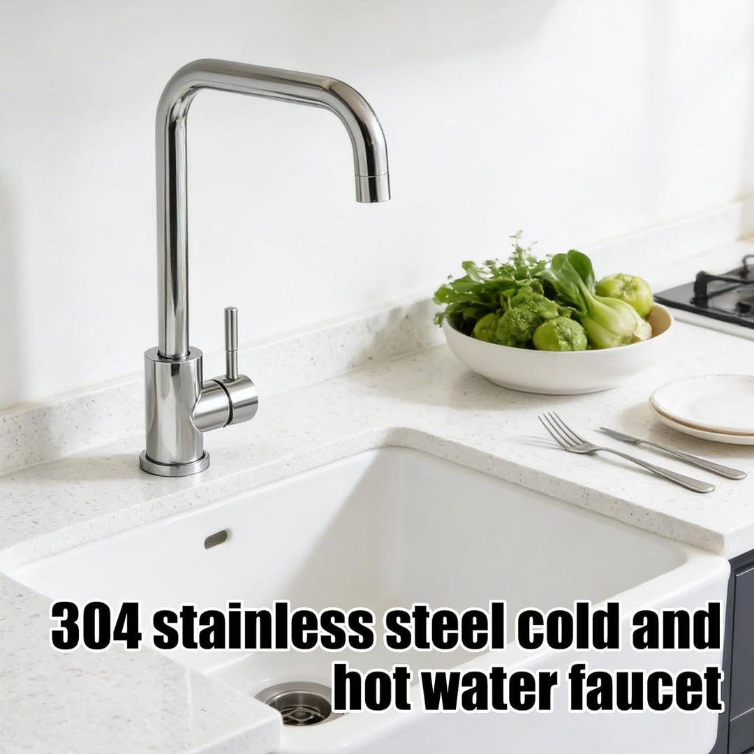 Silber Wasserhahn Küche aus Edelstahl, Küchenarmatur mit 60cm Zulaufschlauch, Mischbatterie Küche, 3
