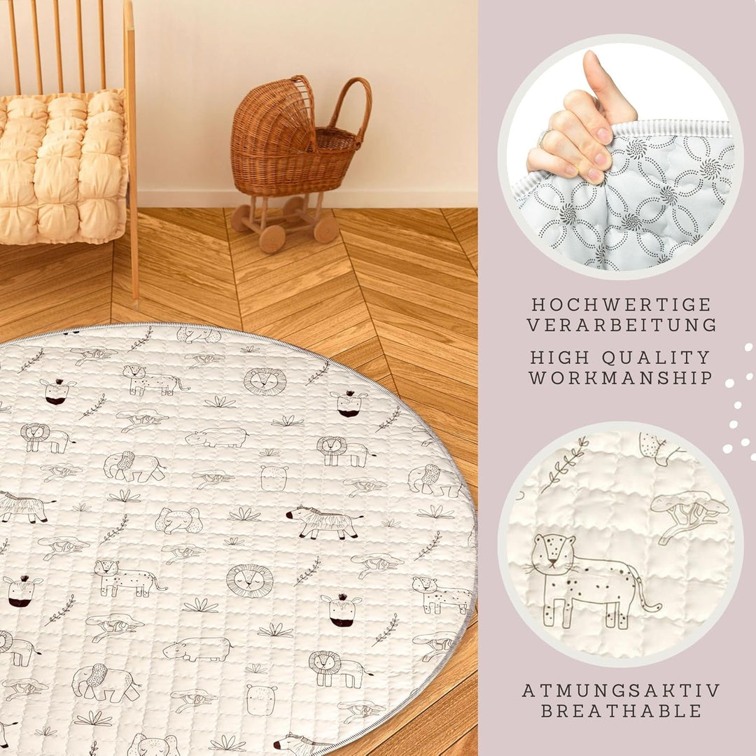 Gesteppte Krabbeldecke Baby 150cm, Safari Tiere– extra Dicke 1,5cm weiche Baby Krabbelmatte – Baby S
