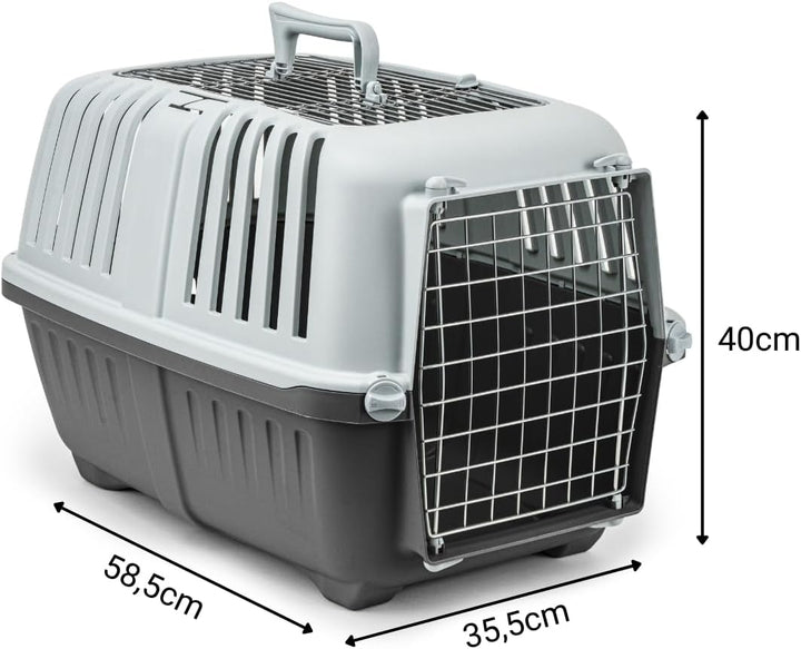 lionto Hundetransportbox aus Kunststoff mit Metallgitter, 58,5x35,5x40 cm, Transportbox mit praktisc