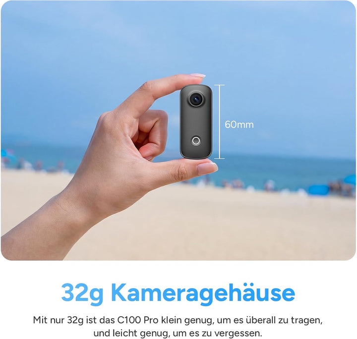 SJCAM C100 Pro 4K Bodycam, Mini Action Cam, 64GB, 148Min, 32g leicht | 120° POV Vlog Kamera, 30m Was
