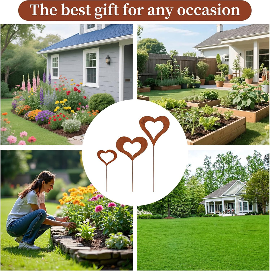 3 Stück Blumenstecker,Gartendeko Stecker,Rost Gartenstecker Metall,Rostdeko für Herz Roststecker Blu