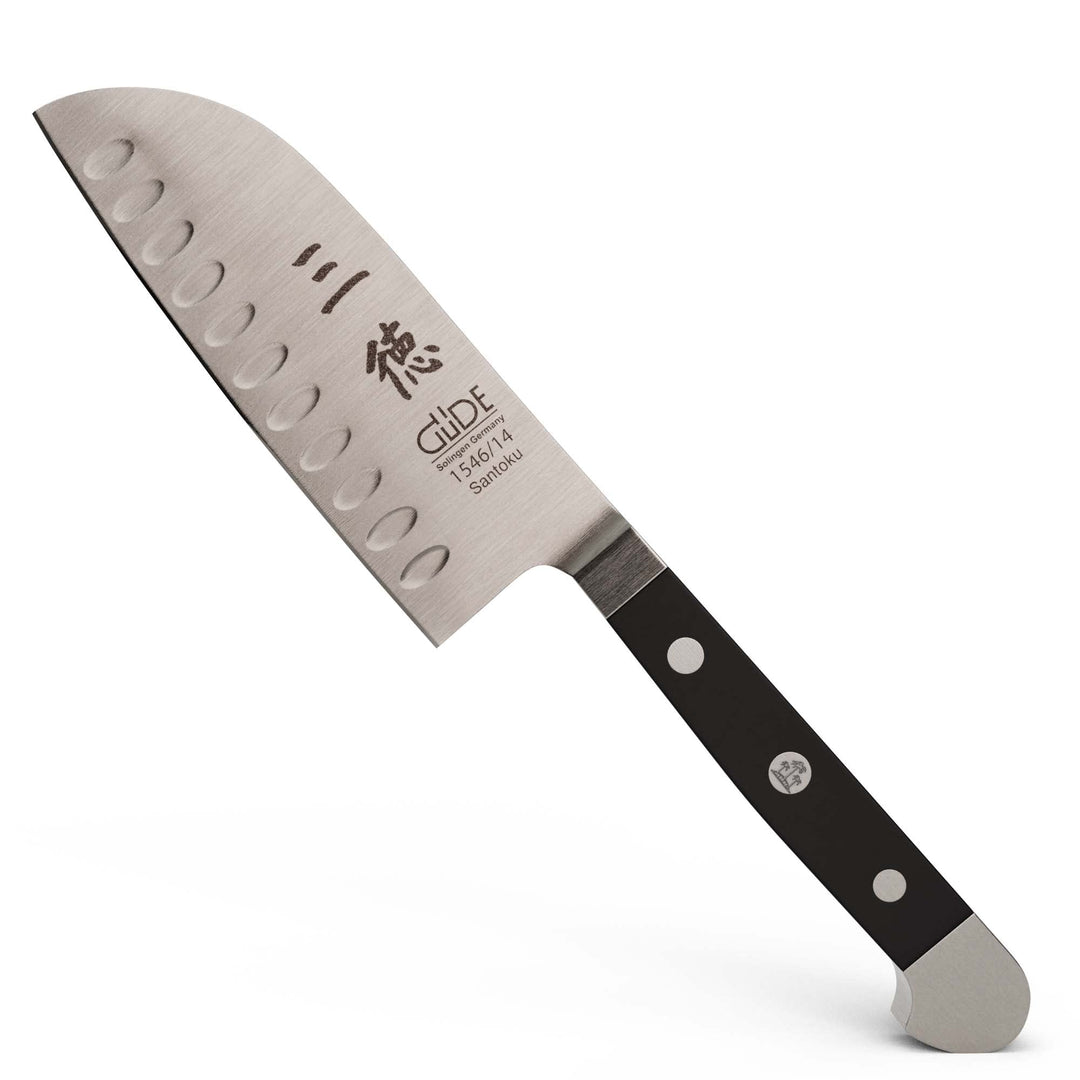 GÜDE Solingen - Santoku mit Kulle geschmiedet, 14 cm, POM schwarz, ALPHA, Doppelkropf, Handmade Germ