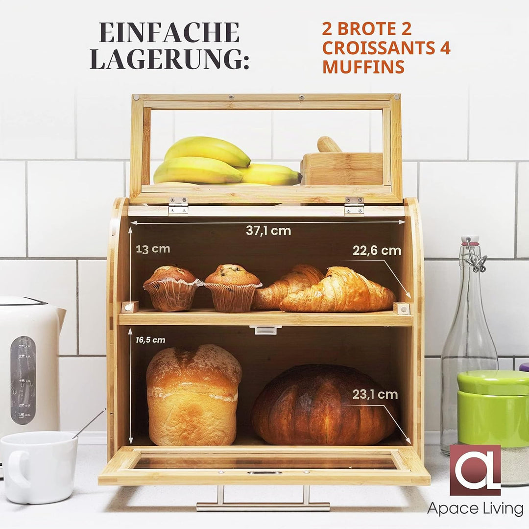 Arise Bambus Brotkasten mit Belüftung, Grosser Brotaufbewahrungsbehälter, 2 Regale und Sichtfenster,