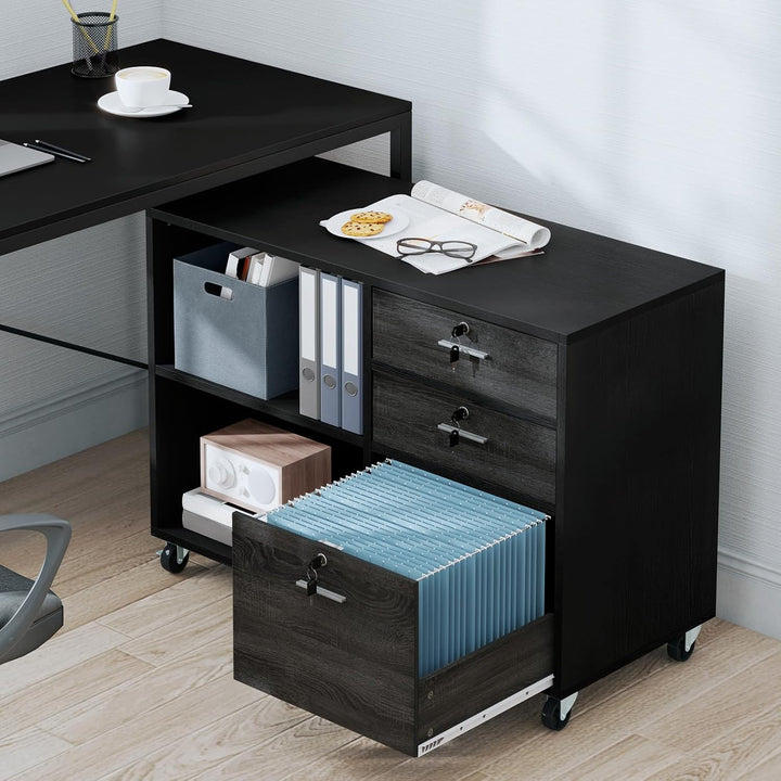 YITAHOME Rollcontainer aus Holz, Mobile Aktenschrank Abschliessbar, Büroschrank mit 3 Schubladen und