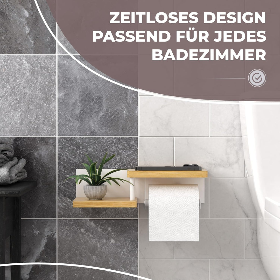 Toilettenpapierhalter Holz Bambus [KLEBEN oder Bohren] | hochwertiger Klopapierhalter ohne Bohren mi