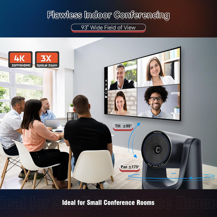 TONGVEO 4K PTZ-Konferenzkamera, KI-Auto-Tracking, 3X optischer Zoom, HDMI/USB 3.0, 93°-Weitwinkel fü