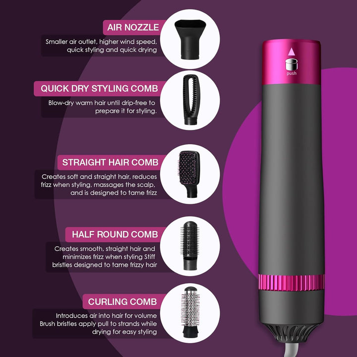 5-in-1 Lockenstäbe Lockenbürste Set, Warmluftbürste Rotierend mit Lockenstab, Set Haartrockner Hairs