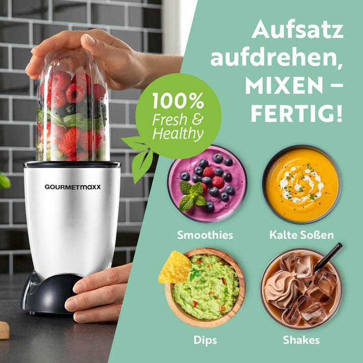 GOURMETmaxx Mr. Magic Power Pro Mixer 400 Watt | Smoothie Maker mit to go Deckel | Standmixer mit Mi
