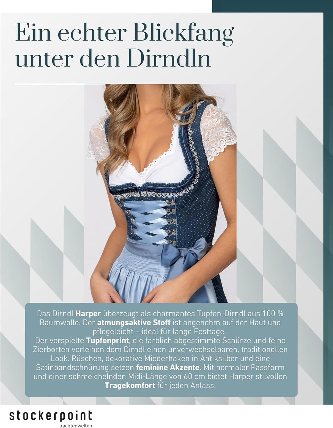 Stockerpoint Damen Dirndl Harper Kleid für besondere Anlässe 38 Blau, 38 Blau