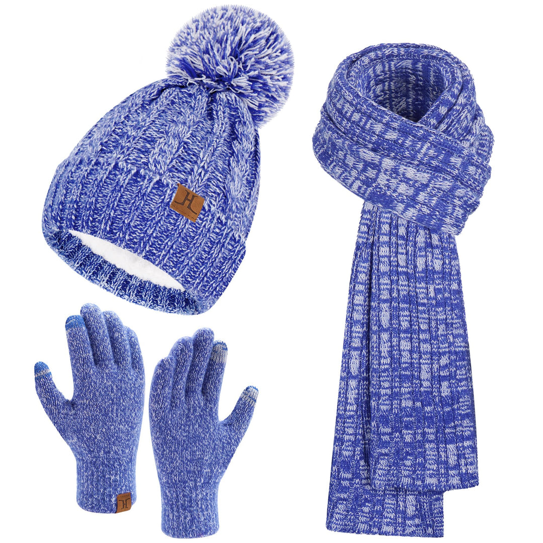 Bequemer Laden Damen Winter Warm Pompom Mütze Touchscreen Handschuhe Lang Schal Set mit Fleece Gefüt