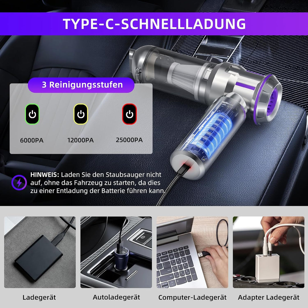 Handstaubsauger Akku, 25000Pa Akku Handstaubsauger Kabellos mit 1-Knopf-Selbstentleerung, 4-in-1 Aut
