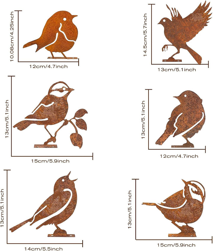 6 Stück Dekorative Vögel, rostige Vögel mit Schrauben, Deko für Garten, Metall, rostig, für Terrasse