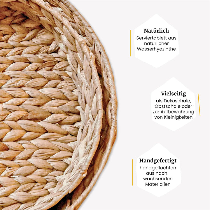 FRIHET® rundes Serviertablett | geflochtene Wasserhyazinthe | Deko Tablett in Boho-Chic | Tablett in
