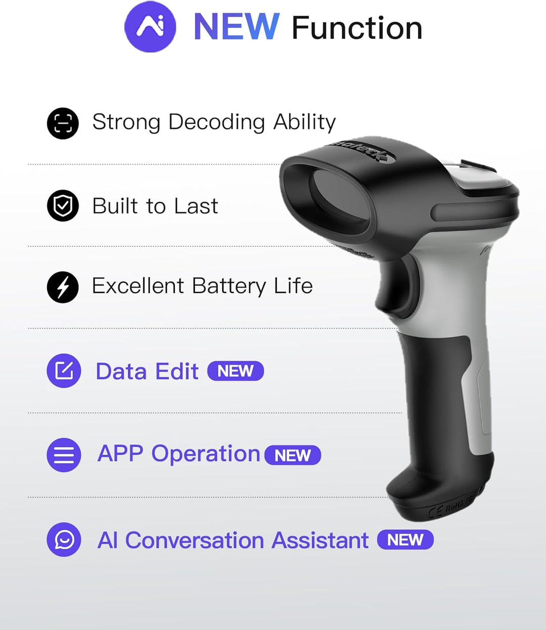 Inateck Barcode Scanner Bluetooth 1D mit AI, Handheld Kabellos, BCST-70 AI | 180 Tage Standby mit Ei