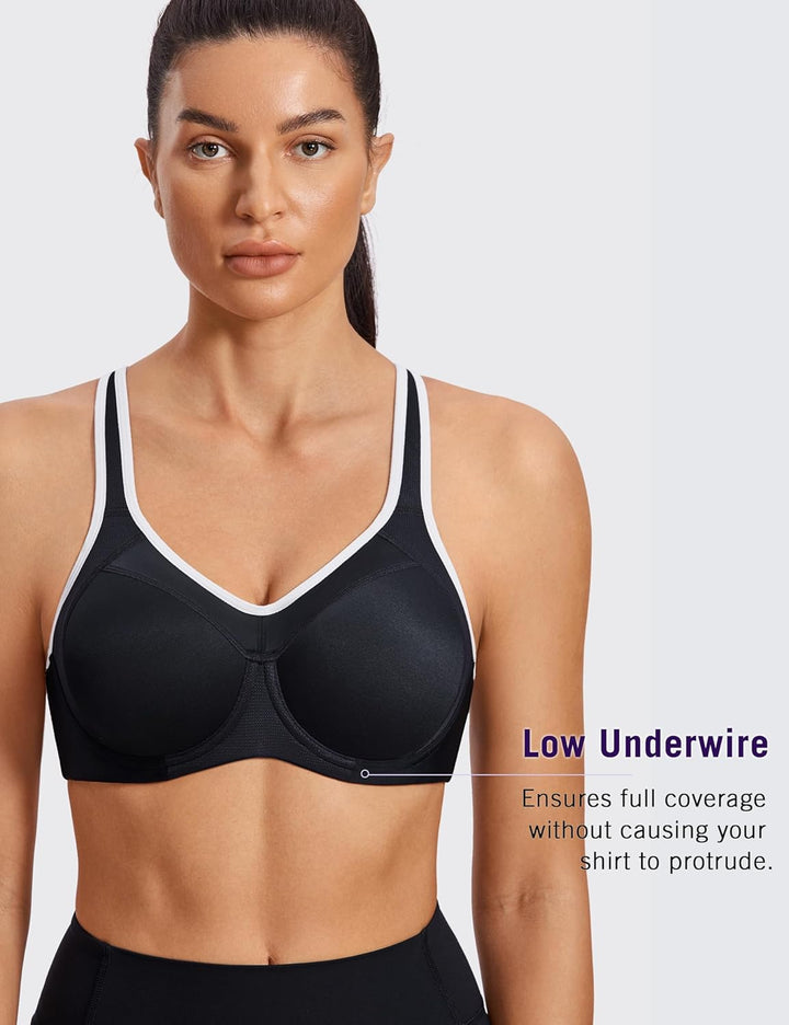 SYROKAN Damen Sport BH Starker Halt- Bügel Push Up Ringerrücken Gepolstert Fitness BH 70D Schwarz, 7