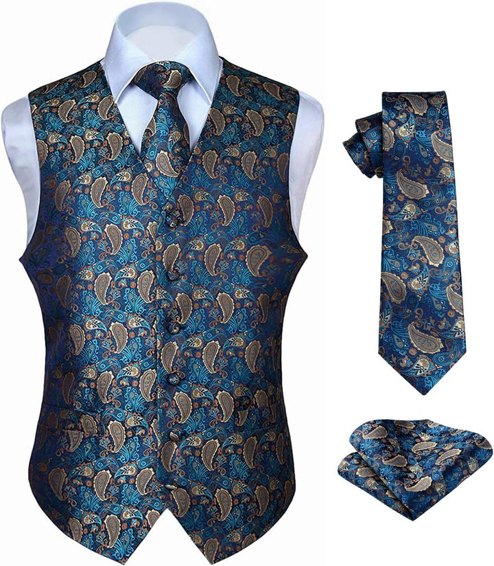 HISDERN Herren FLoral Hochzeit Weste Krawatte Einstecktuch Taschentuch Jacquard Weste Anzug Set M Aq