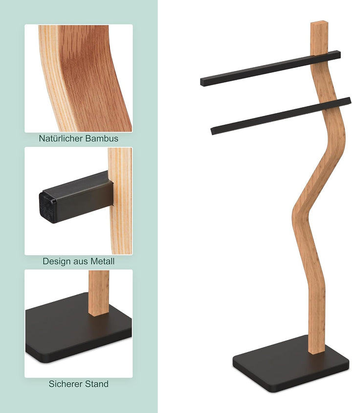 Relaxdays Handtuchständer, HxBxT: 86 x 37 x 18 cm, Metall, Holz, 2 Stangen, stehender Handtuchhalter