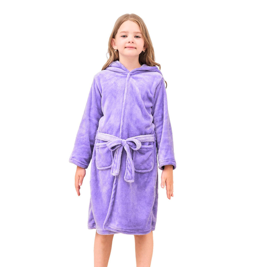 Weicher Bademantel mit Kapuze für Mädchen Fleece Morgenmantel Nachtwäsche Kinder 6-7 Jahre Lavendel,