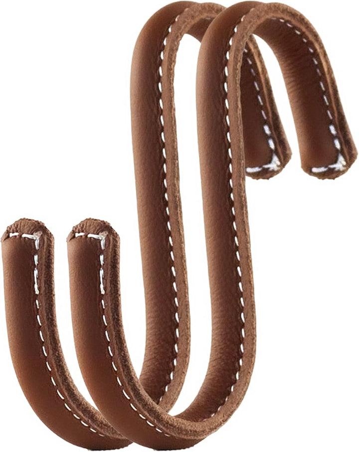 Brute Strength - S-Haken mit Vollnarbenleder umwickelt - 4 Stück - Cognac - 10 cm Edelstahl-Metallbü