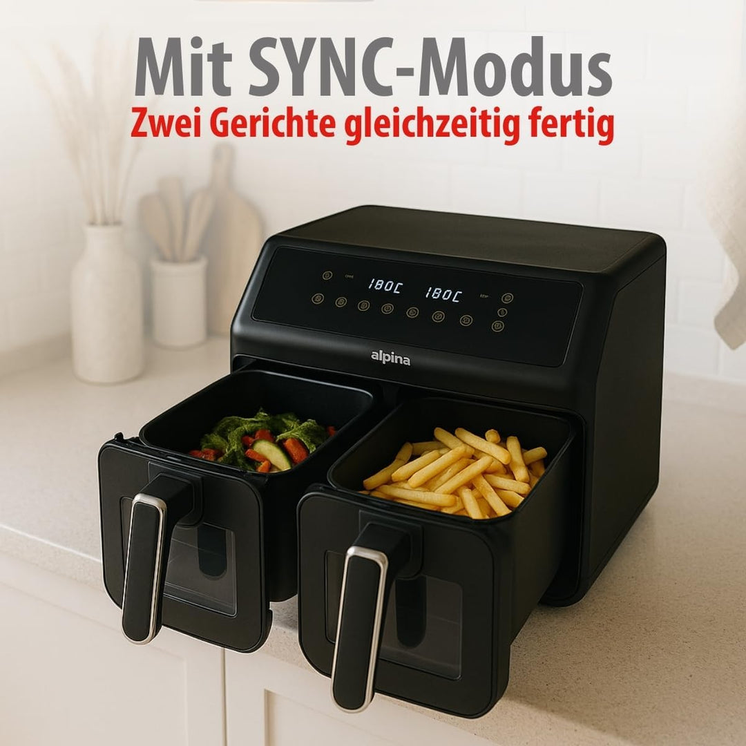 alpina Heissluftfritteuse 2 Kammern 8L - Airfryer mit Digitaldisplay - Air Fryer mit Timer und Tempe