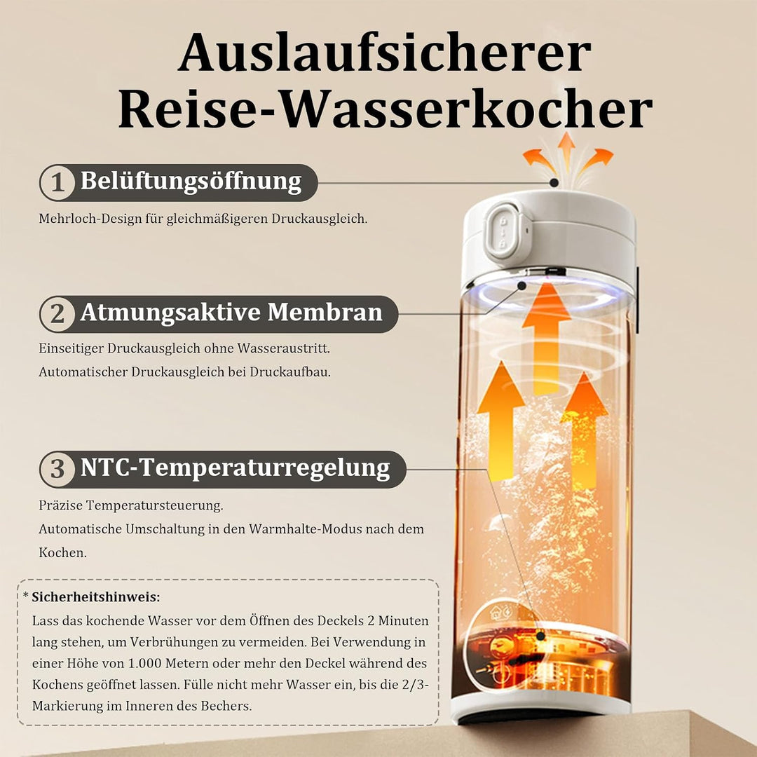 Tragbarer Reise-Wasserkocher 500 ml mit USB-C-Ladegerät, elektrischer Wasserkocher mit Tragegriff un
