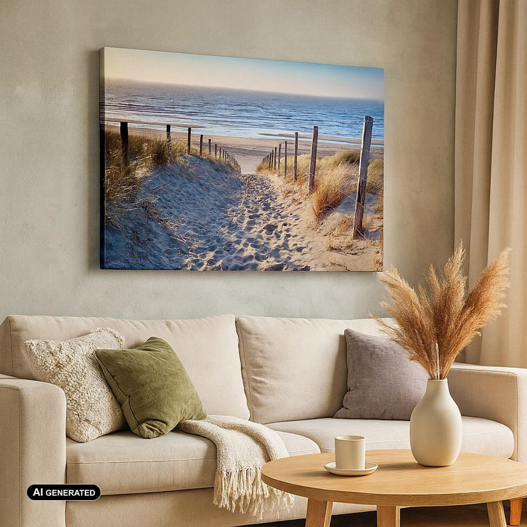 Bilder auf Leinwand 100x70cm Leinwandbild mit Rahmen Meer Strand Düne Gross Wanddeko Bild Schlafzimm