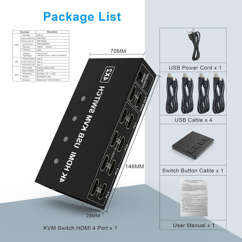 4 Port KVM Switch Dual Monitor HDMI 4K 60Hz, KVM Switch 2 Monitore 4 Computer mit 4 USB 2.0 Hub, Dua