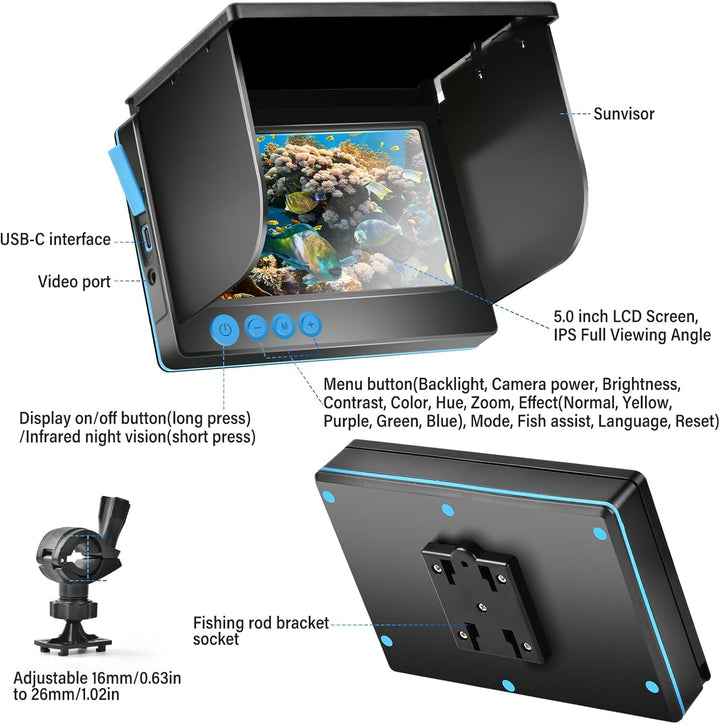 Unterwasserkamera Angeln Fischfinder mit IPS Display,Fish Finder 220° Weitwinkel Infrarot Nachtsicht