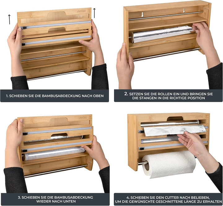 Exitoso 3-in-1 Folienschneider aus Bambus | Küchenrollenhalter Frischhaltefolienspender & Alufoliens