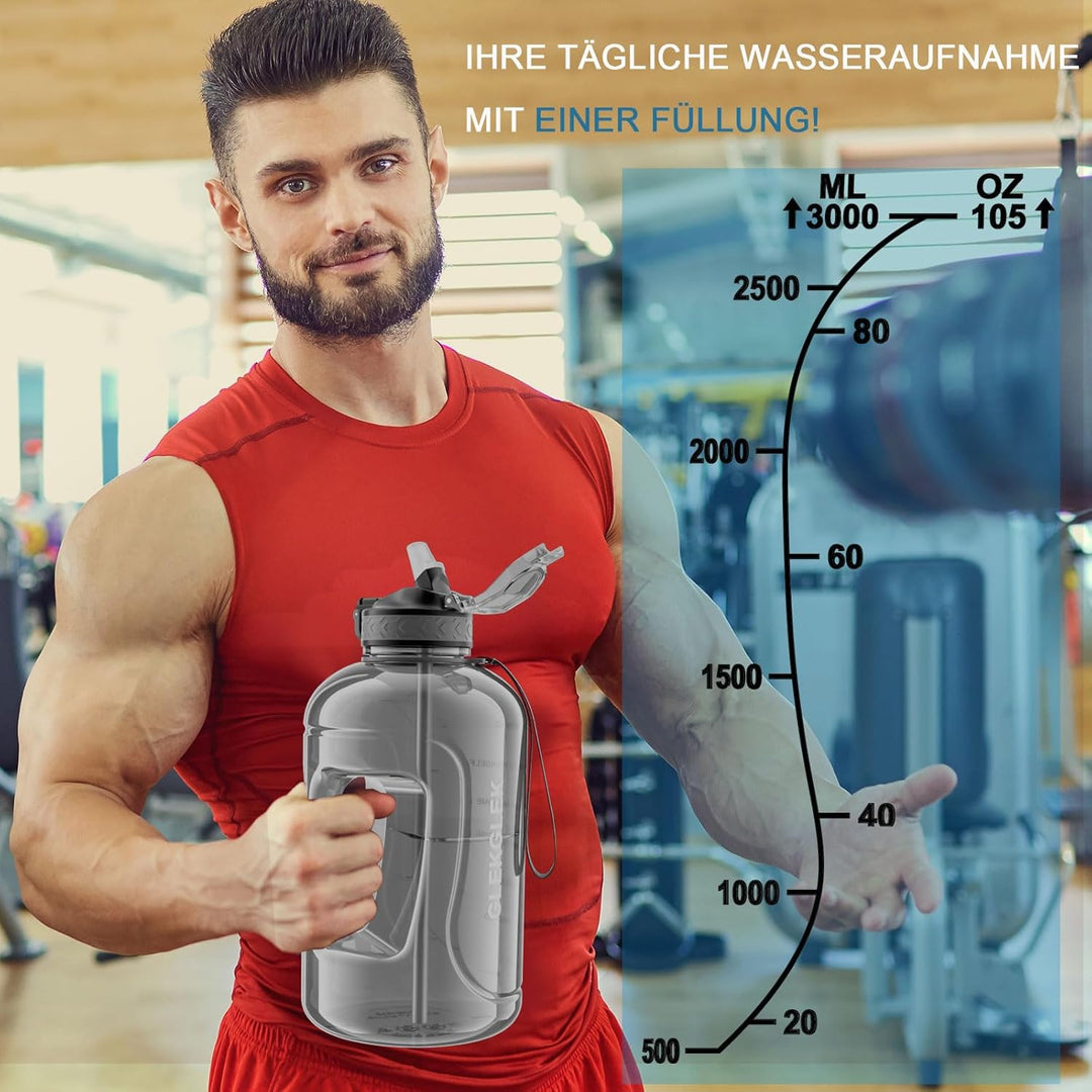 3 Liter Trinkflasche Sport mit Strohhalm BPA Frei Zeitmarkierungen Grosse Wasserflasche für Gym Work