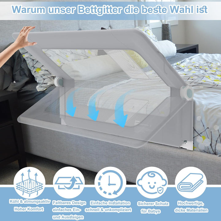 200cm Bettgitter Rausfallschutz klappbar 180 Grad drehbar Bettschutzgitter für Kleinkinder luftiges