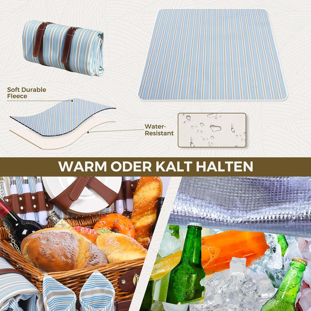 Picknickkorb Set für 4 Person mit Kühlfach und wasserdichte Picknickdecke, Abnehmbarer Riemen, Beste