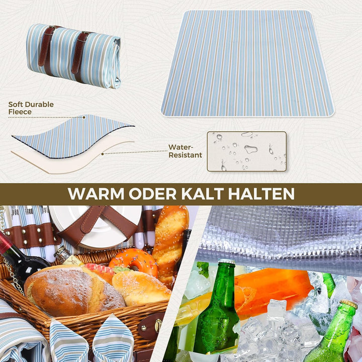 Picknickkorb Set für 4 Person mit Kühlfach und wasserdichte Picknickdecke, Abnehmbarer Riemen, Beste