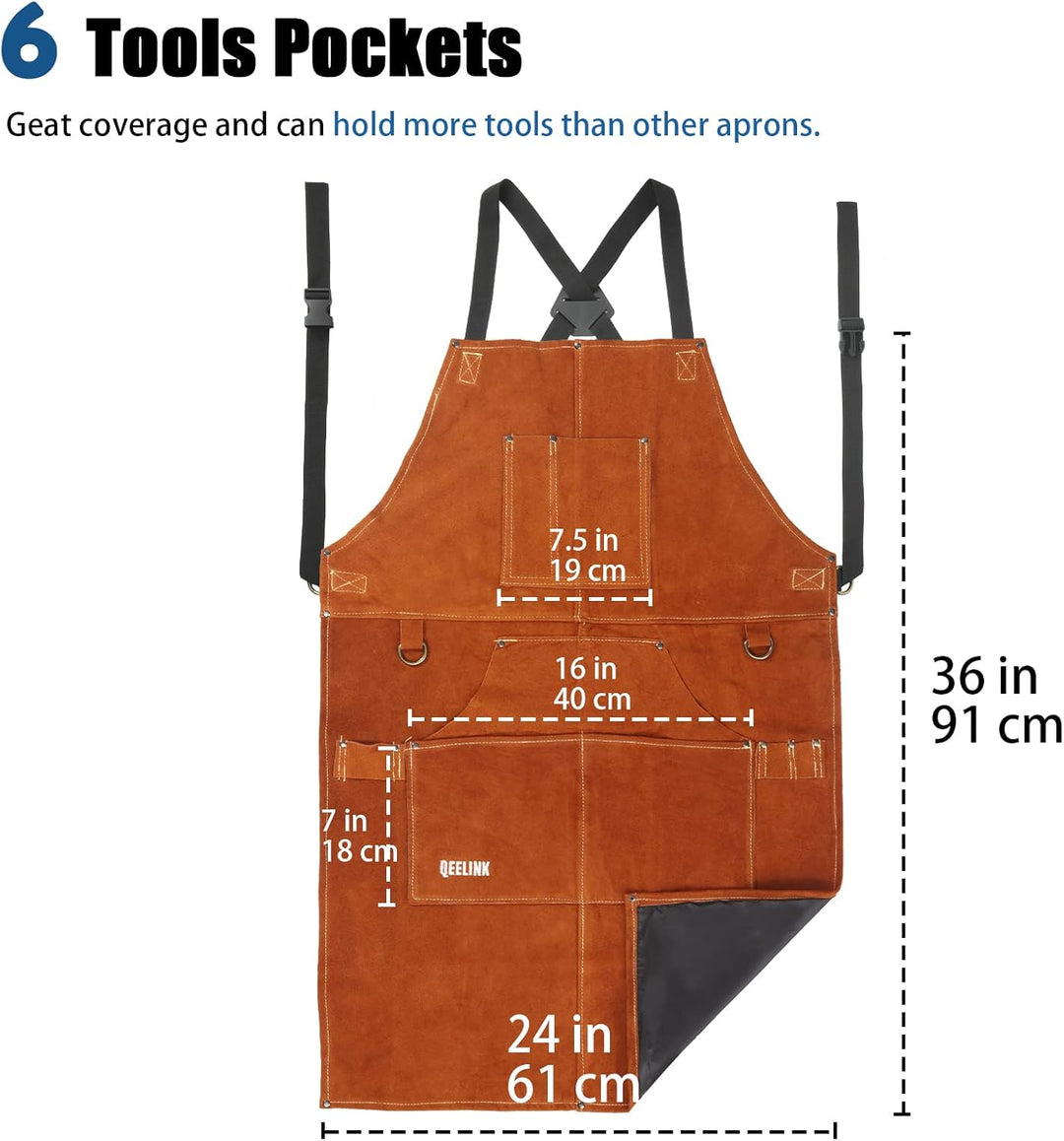 QeeLink Schweisserschürze Leder mit 6 Taschen, Lederschürze – Flammhemmende & Hitzebeständige Arbeit