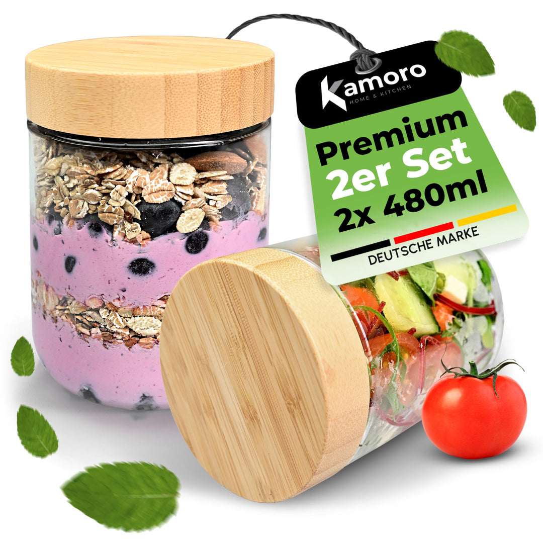 Overnight Oats Gläser 2er Set – Luftdichte Vorratsgläser mit Bambusdeckel 480 ml – Ideal für Overnig