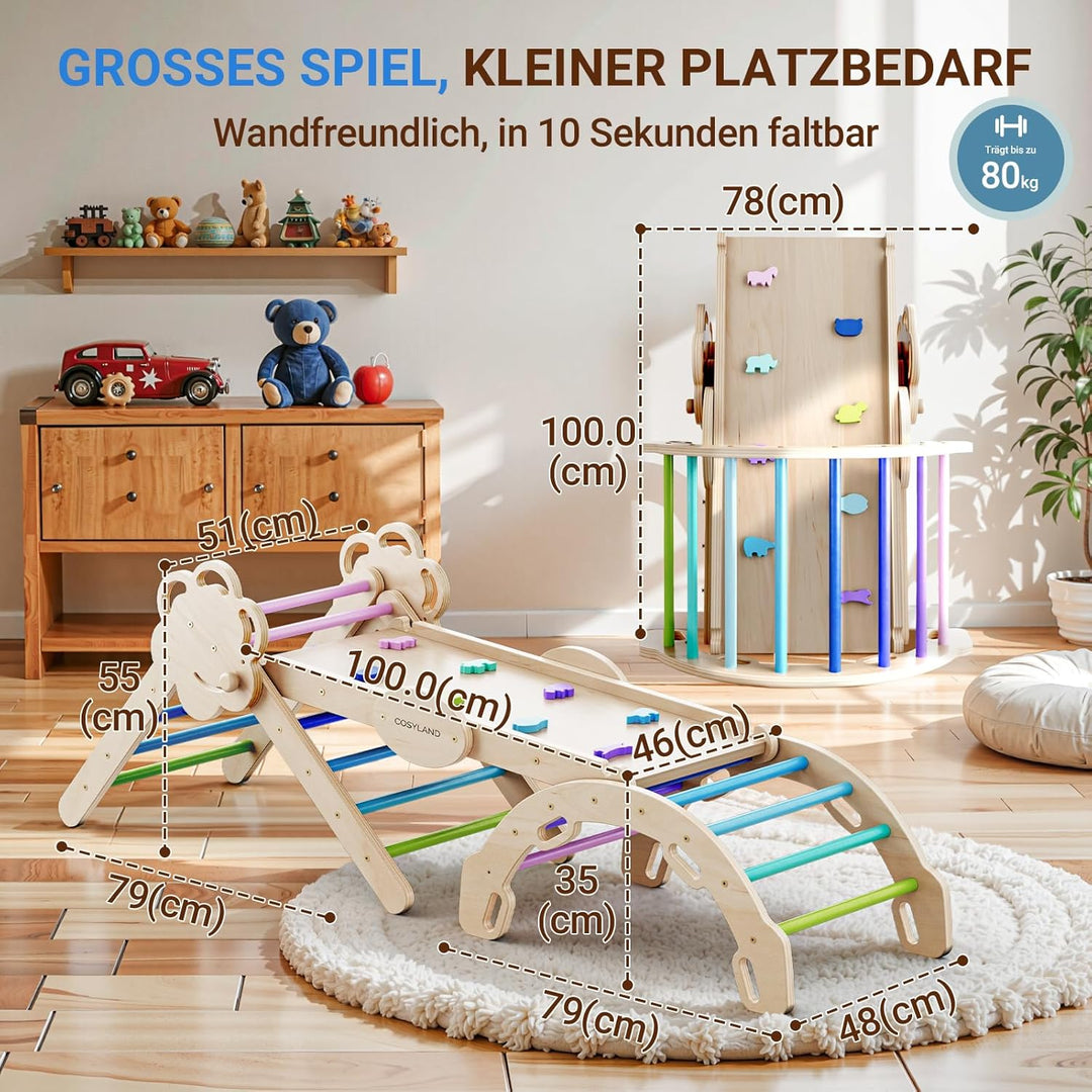COSYLAND Klettergerüst Indoor L – Grosses Kletterdreieck Set mit Kletterbogen & Rutsche – 8-in-1 Mas