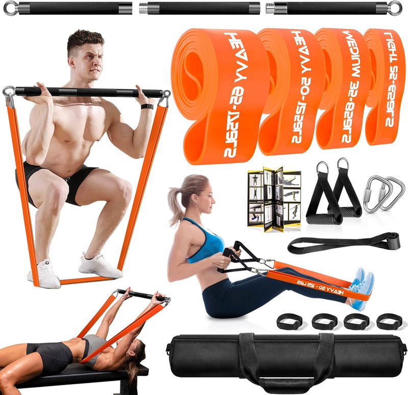 DASKING Fitnessbänder Krafttraining mit Stange, Resistance Bands Set - 4 Widerstandsbänder, Detachab