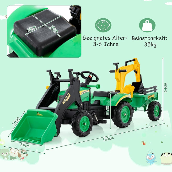 DREAMADE Trettraktor, Kindertraktor mit Anhänger & Schaufel & Frontlader, Kinderbagger Sitzbagger mi