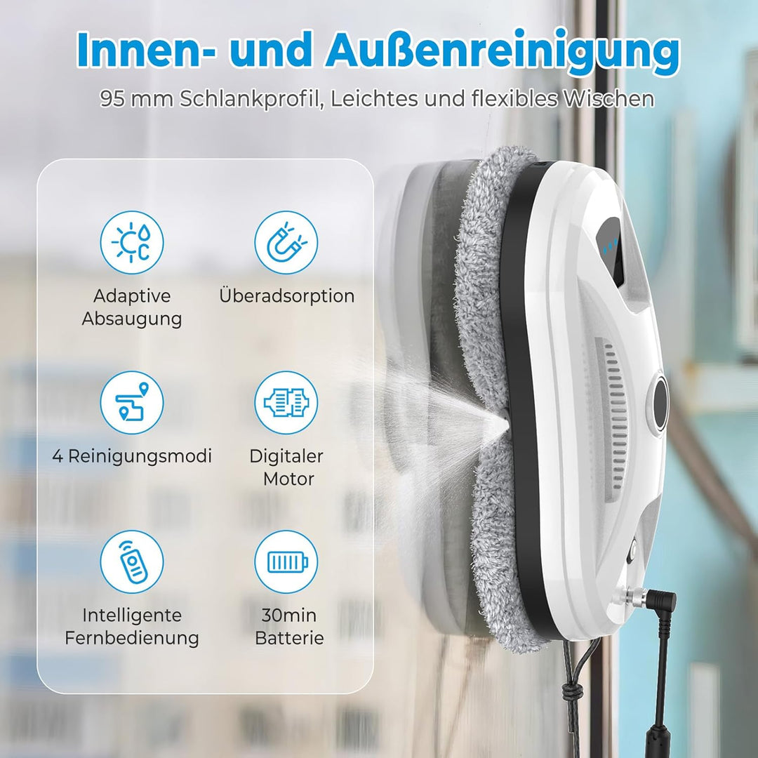 Fensterputzroboter, 5600 Pa Fensterroboter mit Automatische Doppel-Sprühfunktion, 3 Reinigungsmodi,